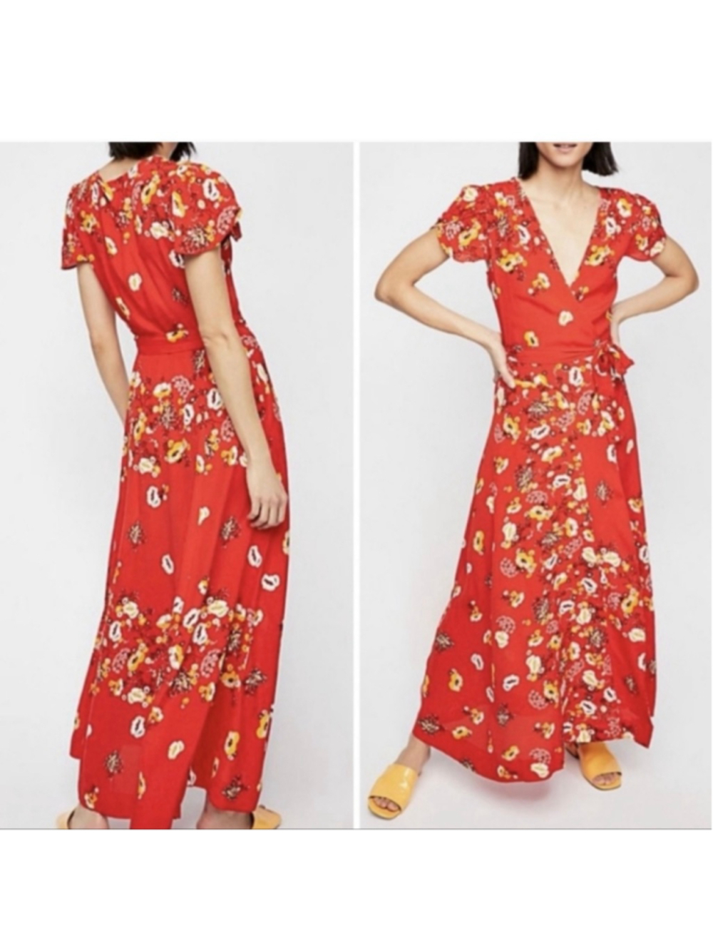 Women's Free People Red Floral Wrap Maxi Dress XS
